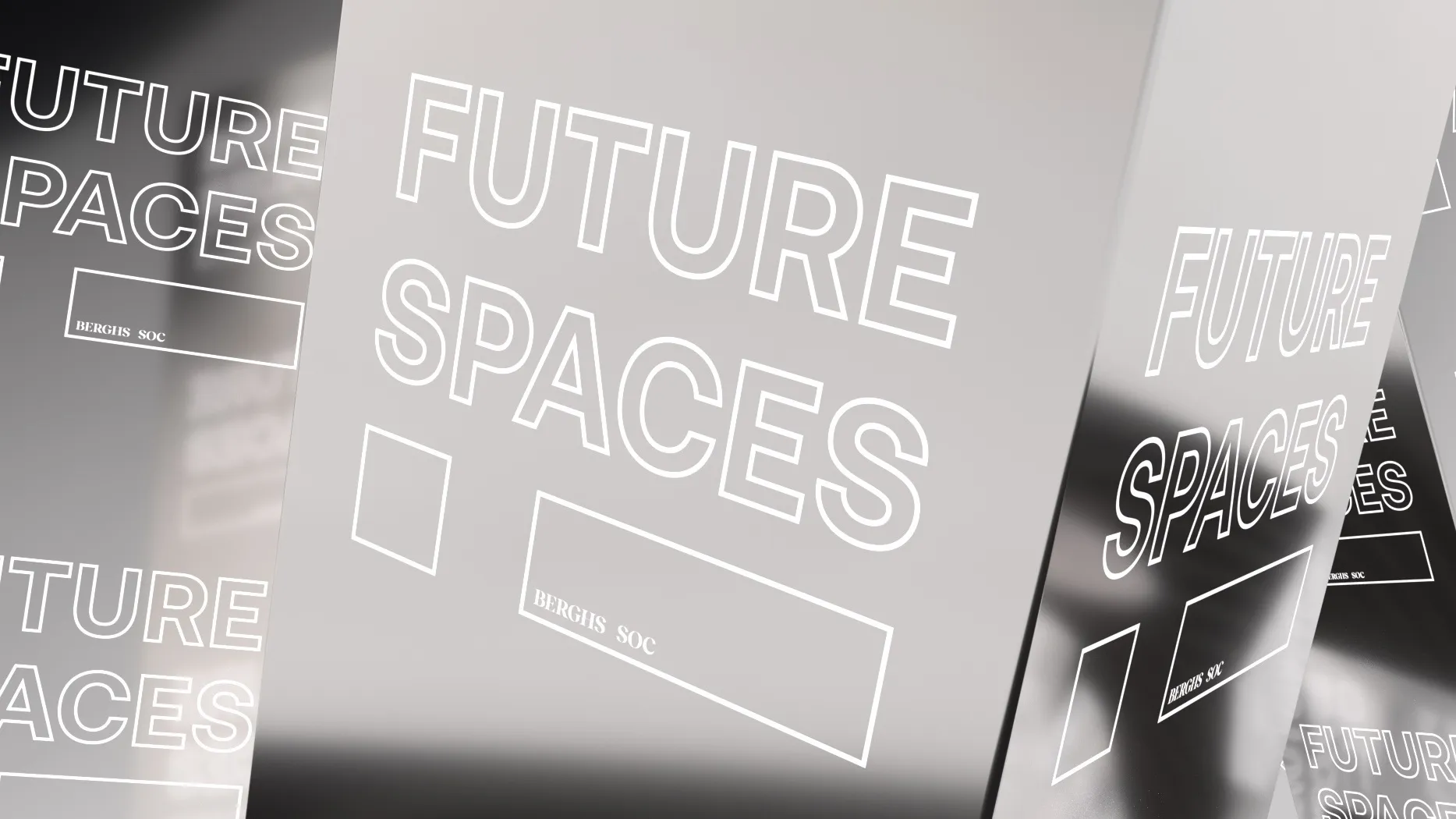 Grafisk banner för Berghs Future Spaces Festival med texten Future Spaces och Berghs SOC